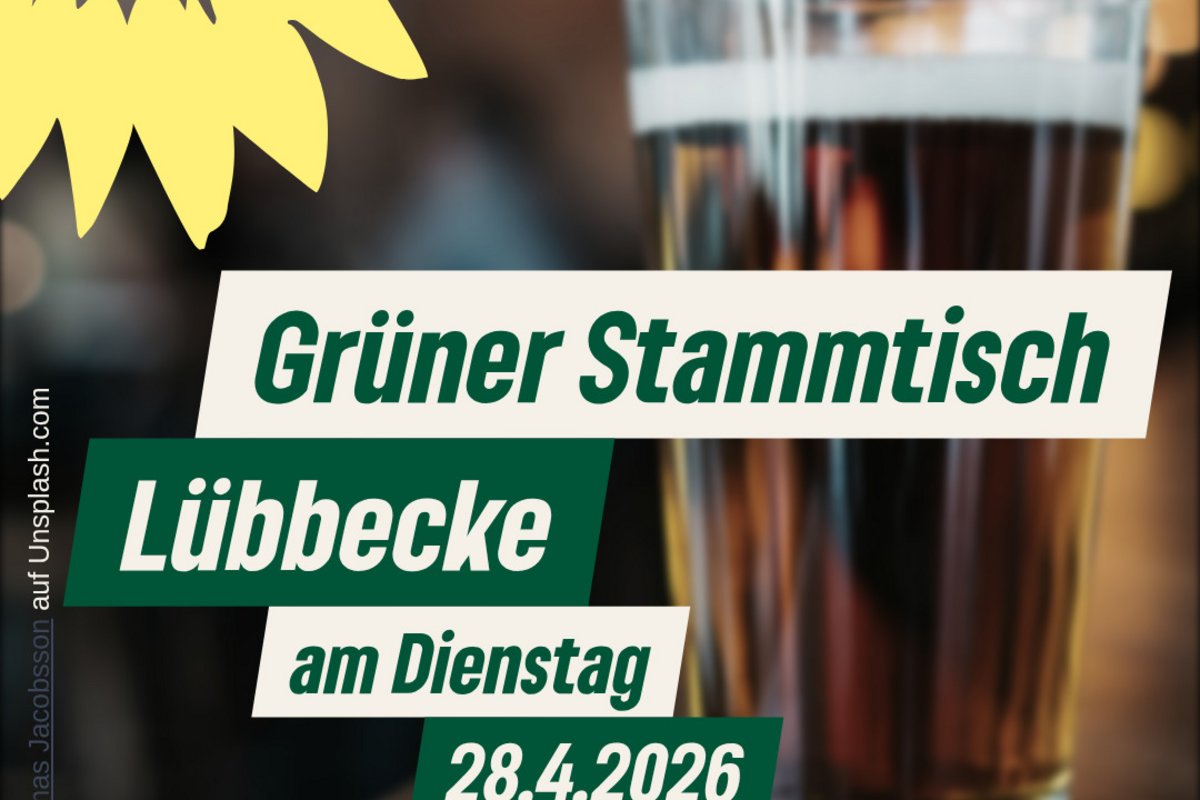 Bild von einem gefüllten Glas, grüne Sonnenblume im Hintergrund mit dem Text Grüner Stammtisch Lübbecke am Dienstag 28.4.2026