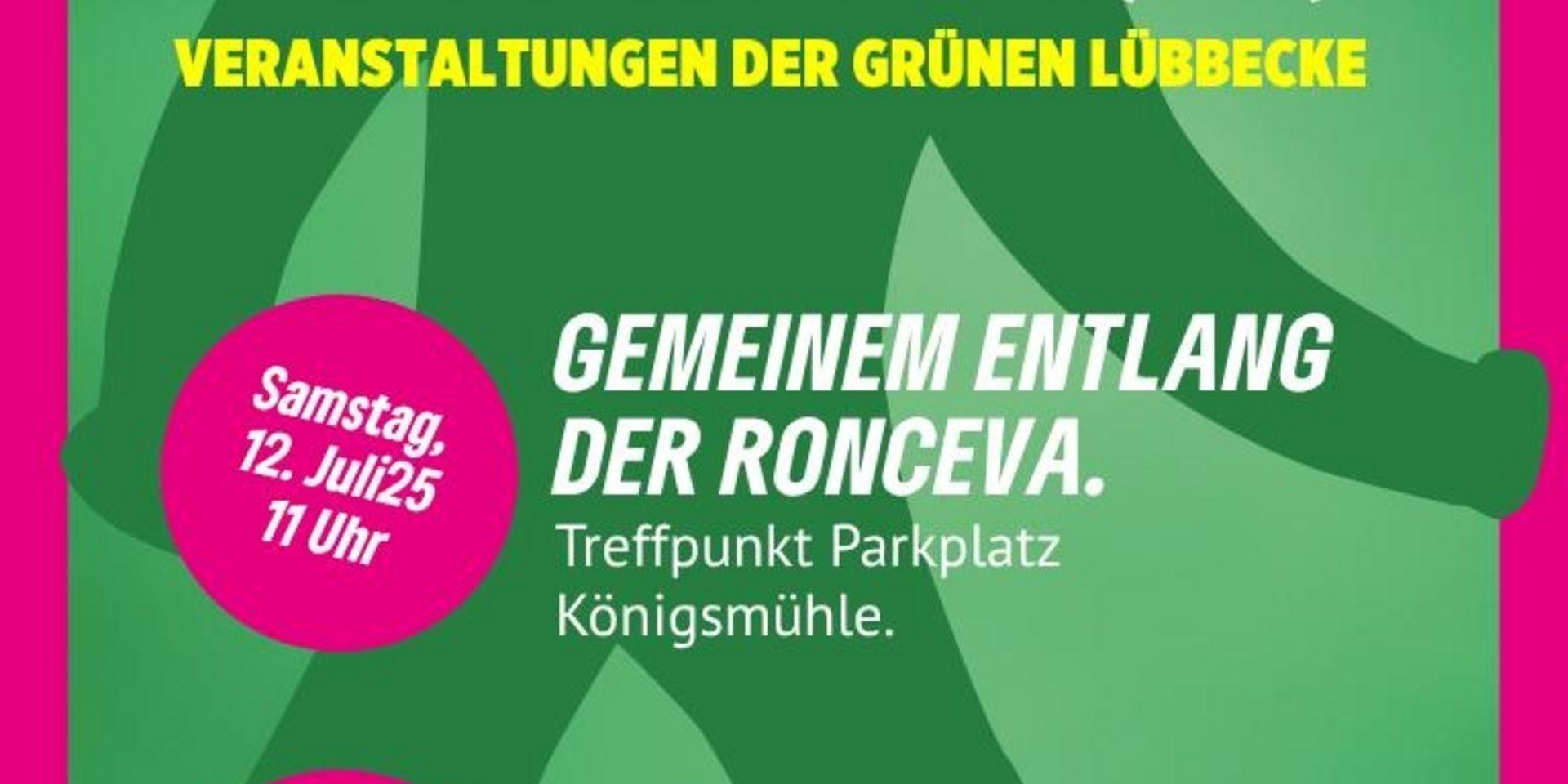 ein stilisiertes Strichmännchen in dunkelgrün vor grünem Hintergrund mit dem Text: Veranstaltungen der Grünen Lübbecke und den beiden beworbenen Veranstaltungen