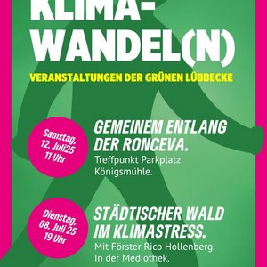 ein stilisiertes Strichmännchen in dunkelgrün vor grünem Hintergrund mit dem Text: Veranstaltungen der Grünen Lübbecke und den beiden beworbenen Veranstaltungen