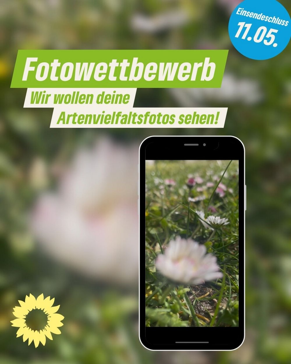ein Handy mit dem Bild einer Blumenwiese im Display. Dazu der Text "Fotowettbewerb Wir wollen deine Artenvielfaltfotos sehen. Einsendeschluss 11.05.