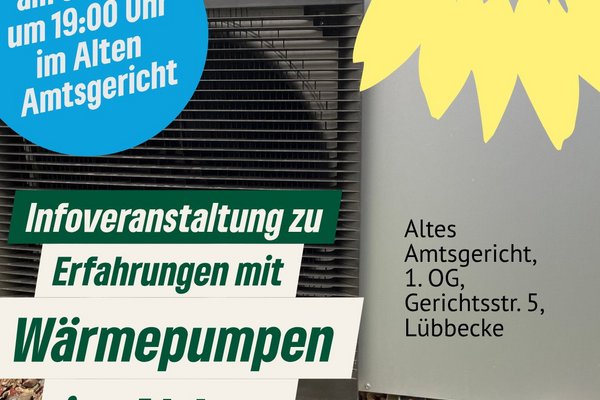 Wärmepumpe mit Sonnenblumen-Logo und Text zur Veranstaltung