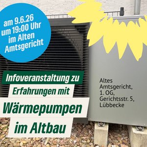 Wärmepumpe mit Sonnenblumen-Logo und Text zur Veranstaltung
