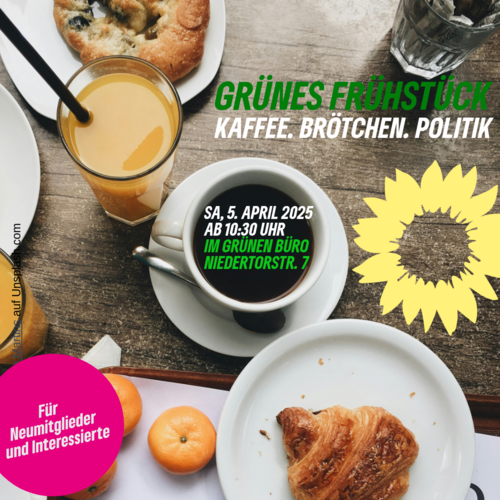 ein gedeckter Frühstückstisch mit dem Text Grünes Frühstück, Kaffee.Brötchen.Politik