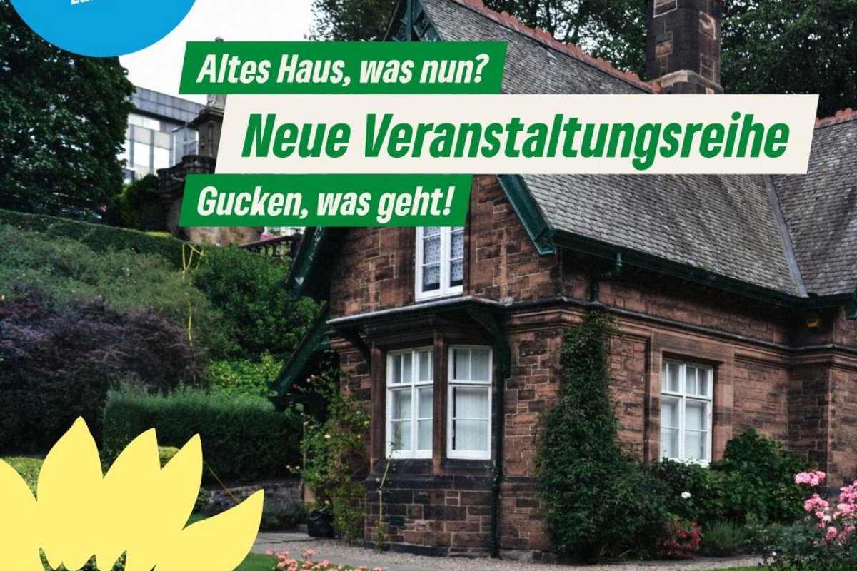 ein altes Haus mit der grünen Sonnenblume und den nDaten zur Veranstaltung