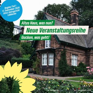 ein altes Haus mit der grünen Sonnenblume und den nDaten zur Veranstaltung